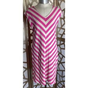 Ann Taylor LOFT Dress S Pink Beige Chevron Stripe Shift Cuff Sl Stretch Tee